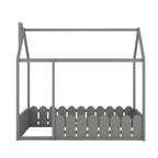 Twin Size Wooden House Bed Frame with Fence-Shaped Guardrail and Roof for Kids Teens Girls Boys