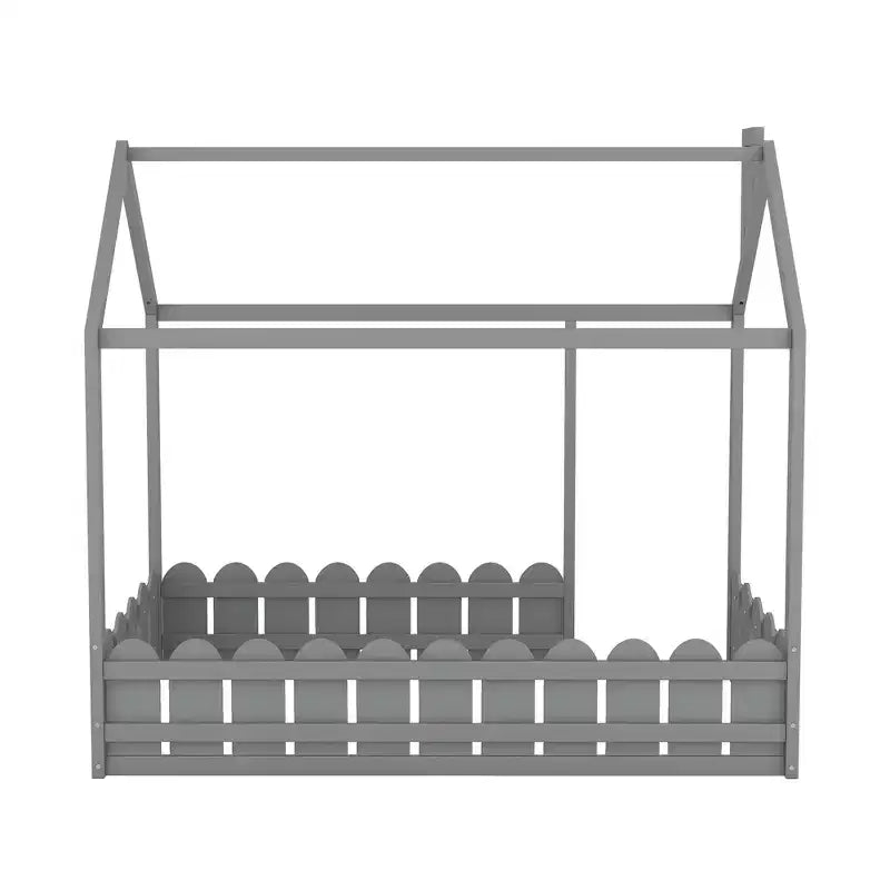 Twin Size Wooden House Bed Frame with Fence-Shaped Guardrail and Roof for Kids Teens Girls Boys