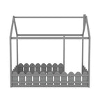 Twin Size Wooden House Bed Frame with Fence-Shaped Guardrail and Roof for Kids Teens Girls Boys