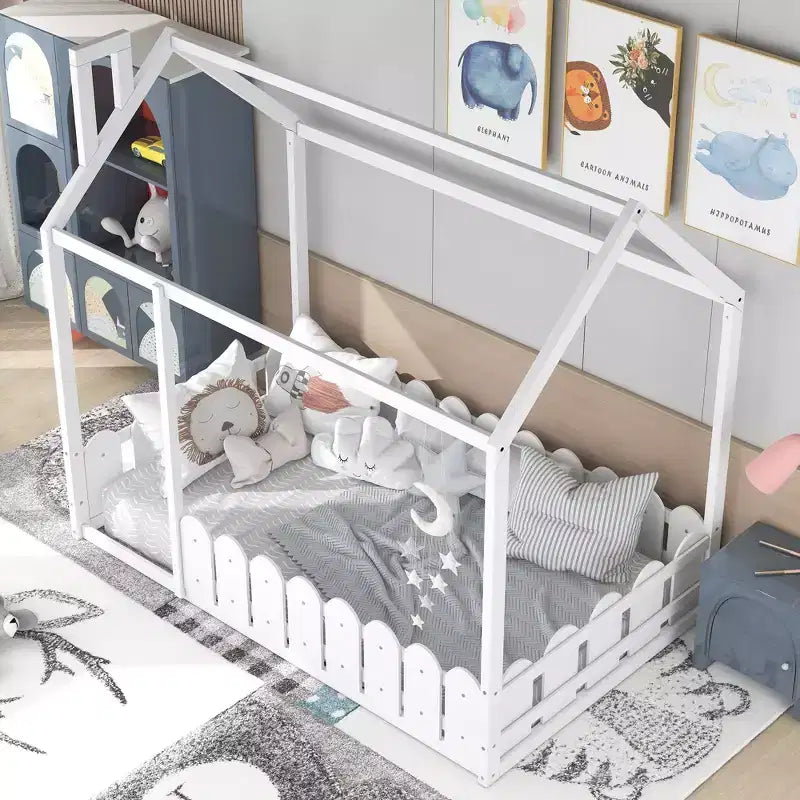 Twin Size Wooden House Bed Frame with Fence-Shaped Guardrail and Roof for Kids Teens Girls Boys