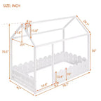 Twin Size Wooden House Bed Frame with Fence-Shaped Guardrail and Roof for Kids Teens Girls Boys