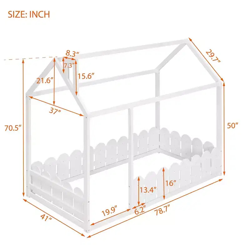 Twin Size Wooden House Bed Frame with Fence-Shaped Guardrail and Roof for Kids Teens Girls Boys