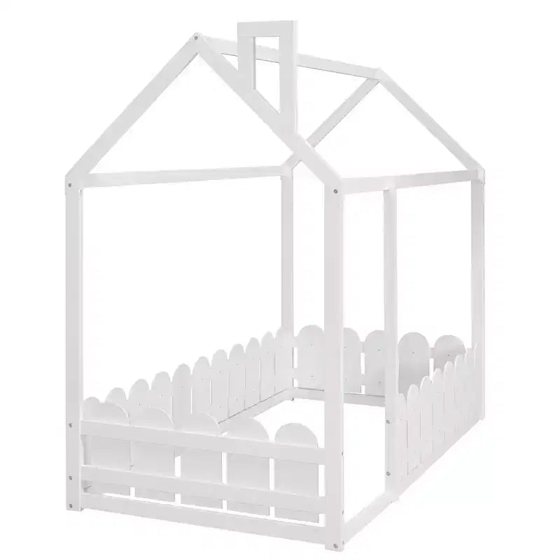Twin Size Wooden House Bed Frame with Fence-Shaped Guardrail and Roof for Kids Teens Girls Boys
