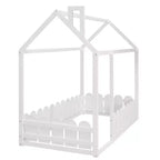 Twin Size Wooden House Bed Frame with Fence-Shaped Guardrail and Roof for Kids Teens Girls Boys