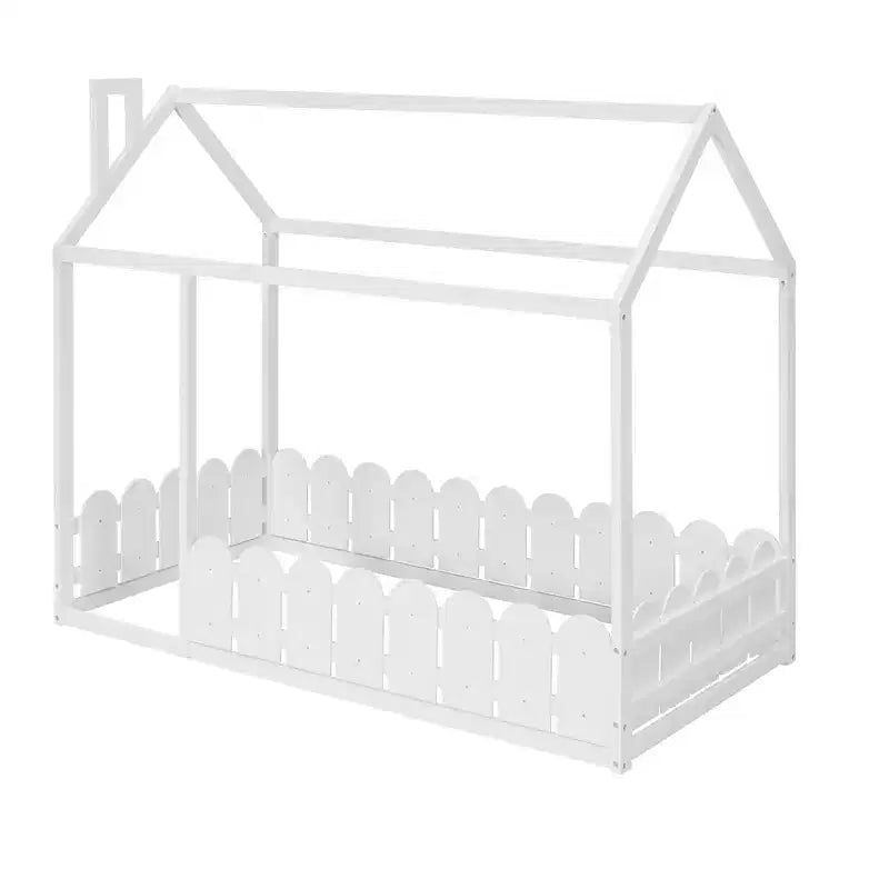 Twin Size Wooden House Bed Frame with Fence-Shaped Guardrail and Roof for Kids Teens Girls Boys