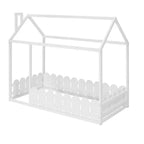 Twin Size Wooden House Bed Frame with Fence-Shaped Guardrail and Roof for Kids Teens Girls Boys