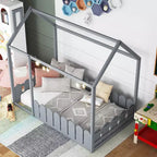 Twin Size Wooden House Bed Frame with Fence-Shaped Guardrail and Roof for Kids Teens Girls Boys
