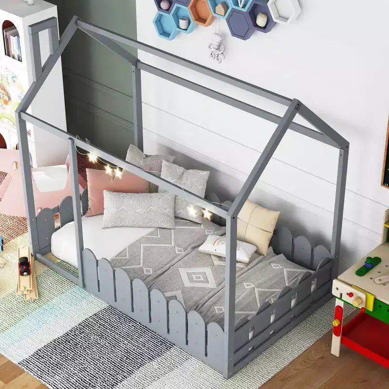 Twin Size Wooden House Bed Frame with Fence-Shaped Guardrail and Roof for Kids Teens Girls Boys