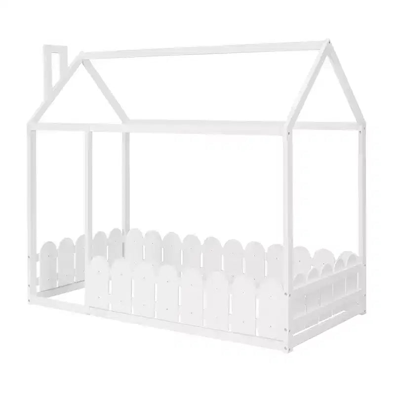 Twin Size Wooden House Bed Frame with Fence-Shaped Guardrail and Roof for Kids Teens Girls Boys
