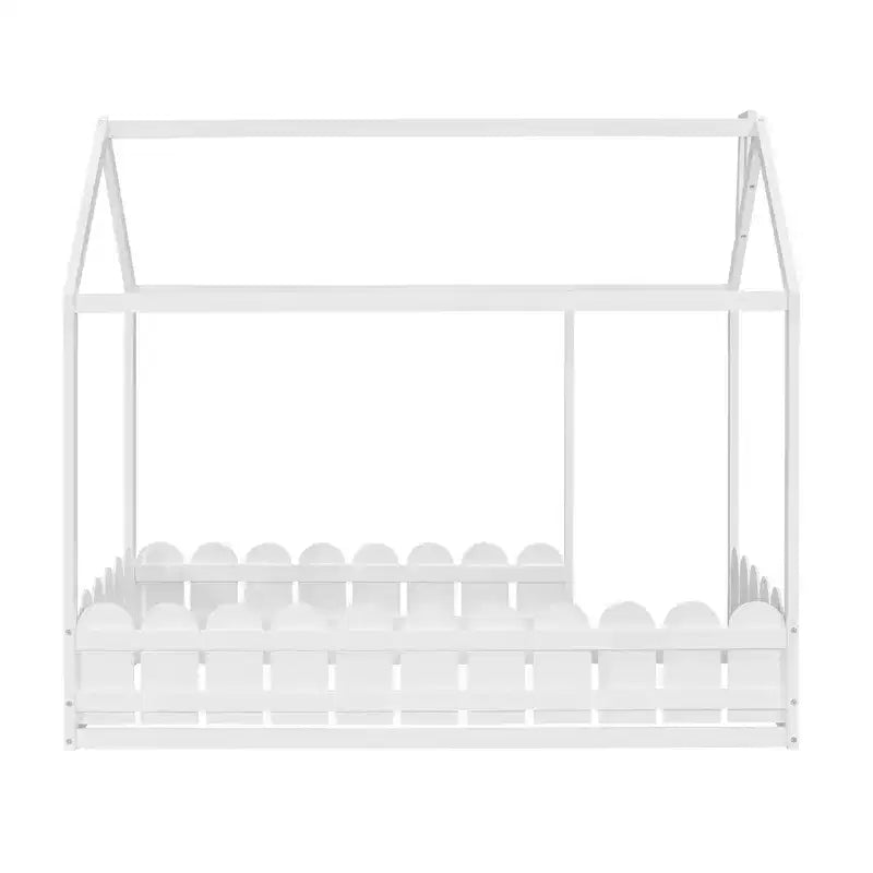 Twin Size Wooden House Bed Frame with Fence-Shaped Guardrail and Roof for Kids Teens Girls Boys