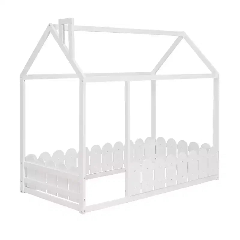 Twin Size Wooden House Bed Frame with Fence-Shaped Guardrail and Roof for Kids Teens Girls Boys