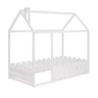 Twin Size Wooden House Bed Frame with Fence-Shaped Guardrail and Roof for Kids Teens Girls Boys