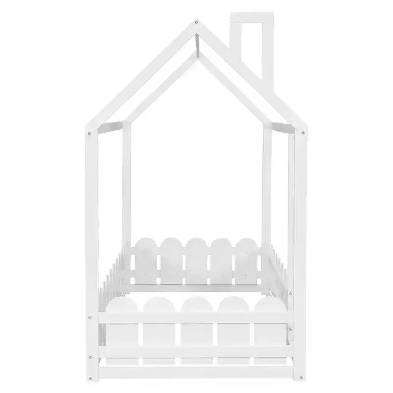 Twin Size Wooden House Bed Frame with Fence-Shaped Guardrail and Roof for Kids Teens Girls Boys