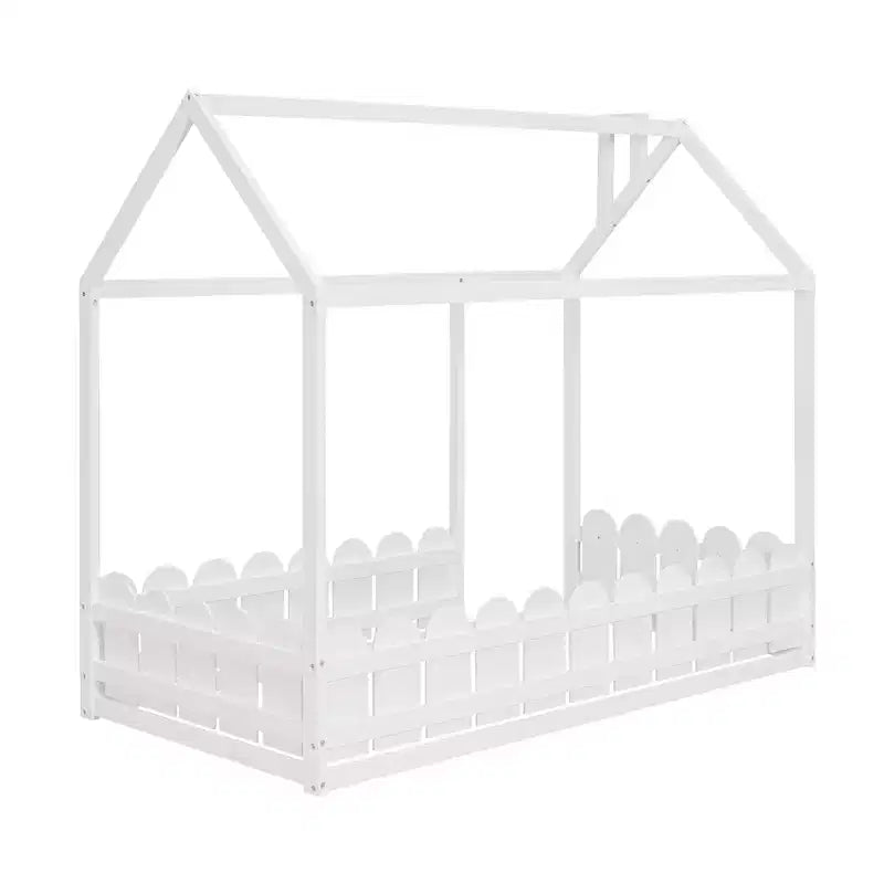 Twin Size Wooden House Bed Frame with Fence-Shaped Guardrail and Roof for Kids Teens Girls Boys