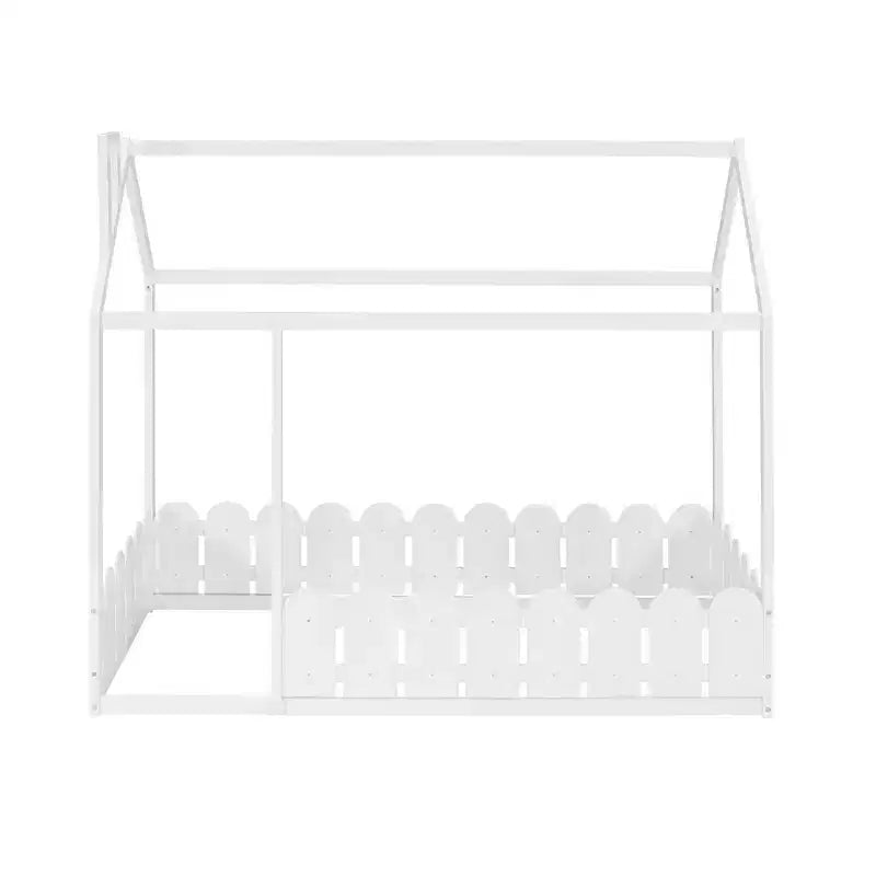 Twin Size Wooden House Bed Frame with Fence-Shaped Guardrail and Roof for Kids Teens Girls Boys