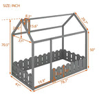 Twin Size Wooden House Bed Frame with Fence-Shaped Guardrail and Roof for Kids Teens Girls Boys