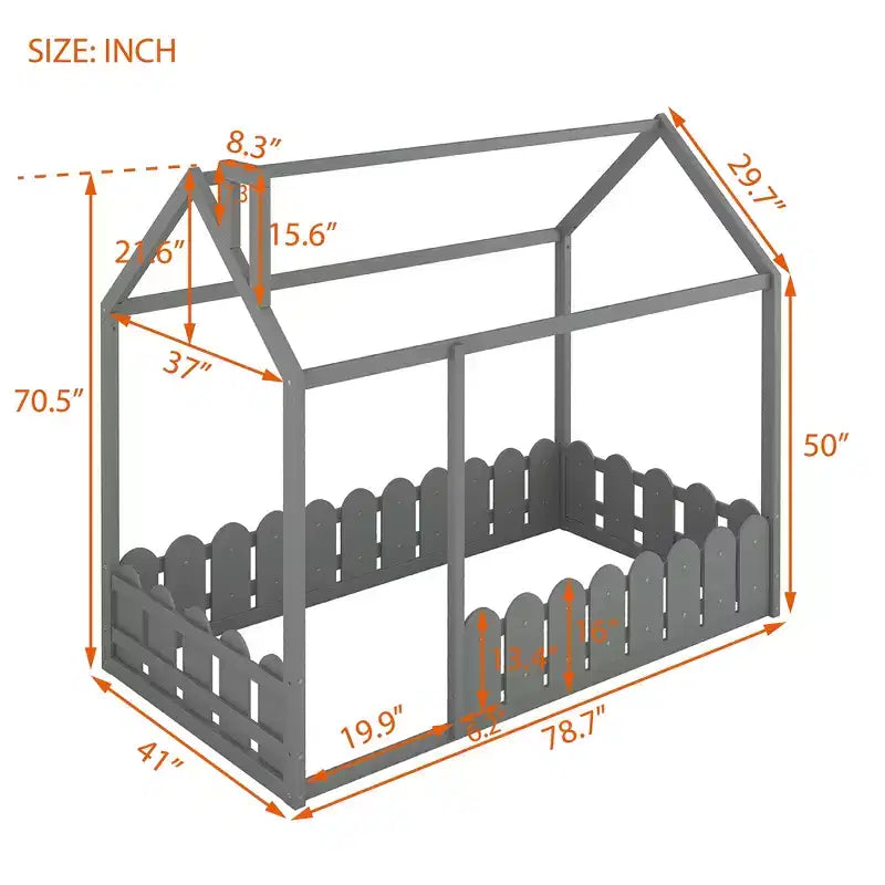 Twin Size Wooden House Bed Frame with Fence-Shaped Guardrail and Roof for Kids Teens Girls Boys