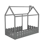 Twin Size Wooden House Bed Frame with Fence-Shaped Guardrail and Roof for Kids Teens Girls Boys