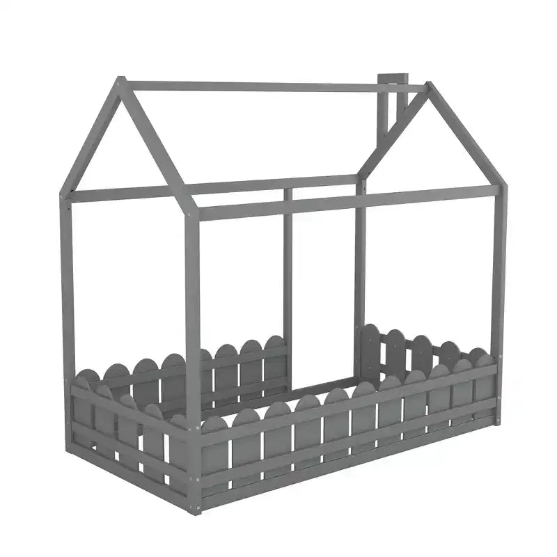 Twin Size Wooden House Bed Frame with Fence-Shaped Guardrail and Roof for Kids Teens Girls Boys