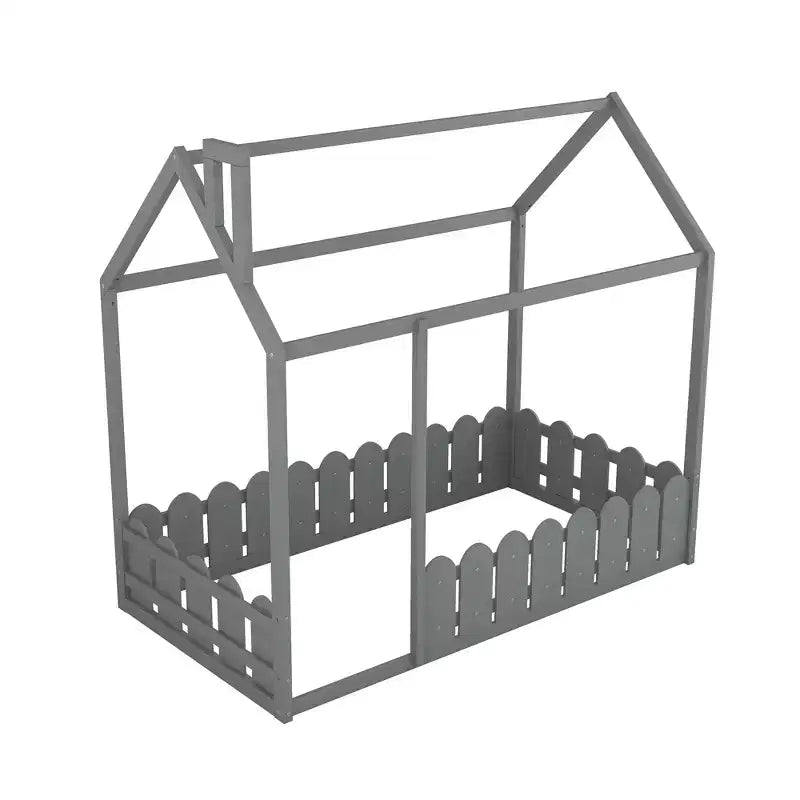 Twin Size Wooden House Bed Frame with Fence-Shaped Guardrail and Roof for Kids Teens Girls Boys