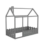 Twin Size Wooden House Bed Frame with Fence-Shaped Guardrail and Roof for Kids Teens Girls Boys