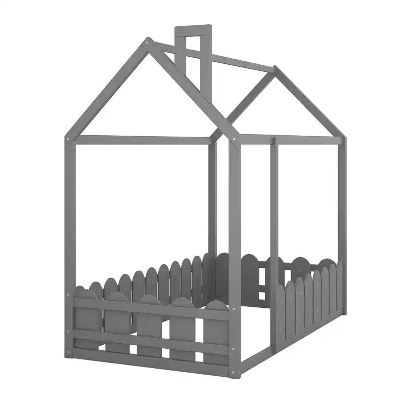 Twin Size Wooden House Bed Frame with Fence-Shaped Guardrail and Roof for Kids Teens Girls Boys