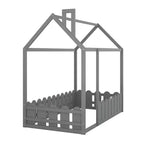Twin Size Wooden House Bed Frame with Fence-Shaped Guardrail and Roof for Kids Teens Girls Boys