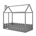 Twin Size Wooden House Bed Frame with Fence-Shaped Guardrail and Roof for Kids Teens Girls Boys