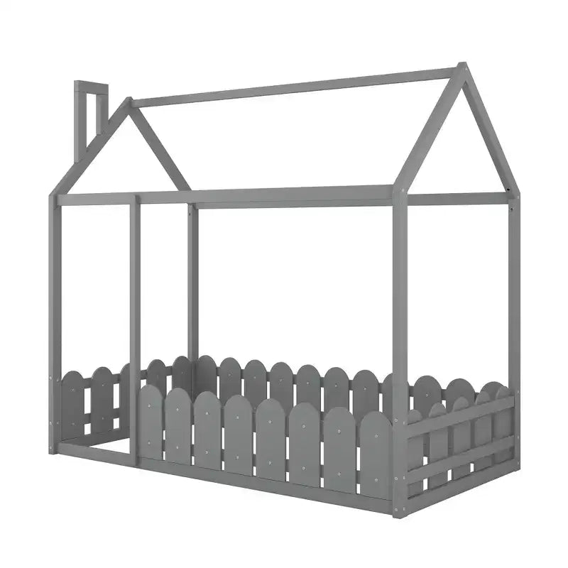 Twin Size Wooden House Bed Frame with Fence-Shaped Guardrail and Roof for Kids Teens Girls Boys