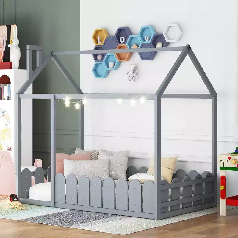 Twin Size Wooden House Bed Frame with Fence-Shaped Guardrail and Roof for Kids Teens Girls Boys