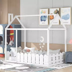 Twin Size Wooden House Bed Frame with Fence-Shaped Guardrail and Roof for Kids Teens Girls Boys