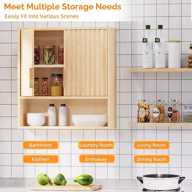 Meuble haut de salle de bain VINGLI avec 2 portes cannelées (chêne naturel)