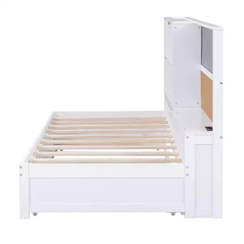 Twin Size Daybed with Trundle and Storage Shelves, Wood Platform Bed with Charging Station, USB Port, Blackboard and Cork Board, White