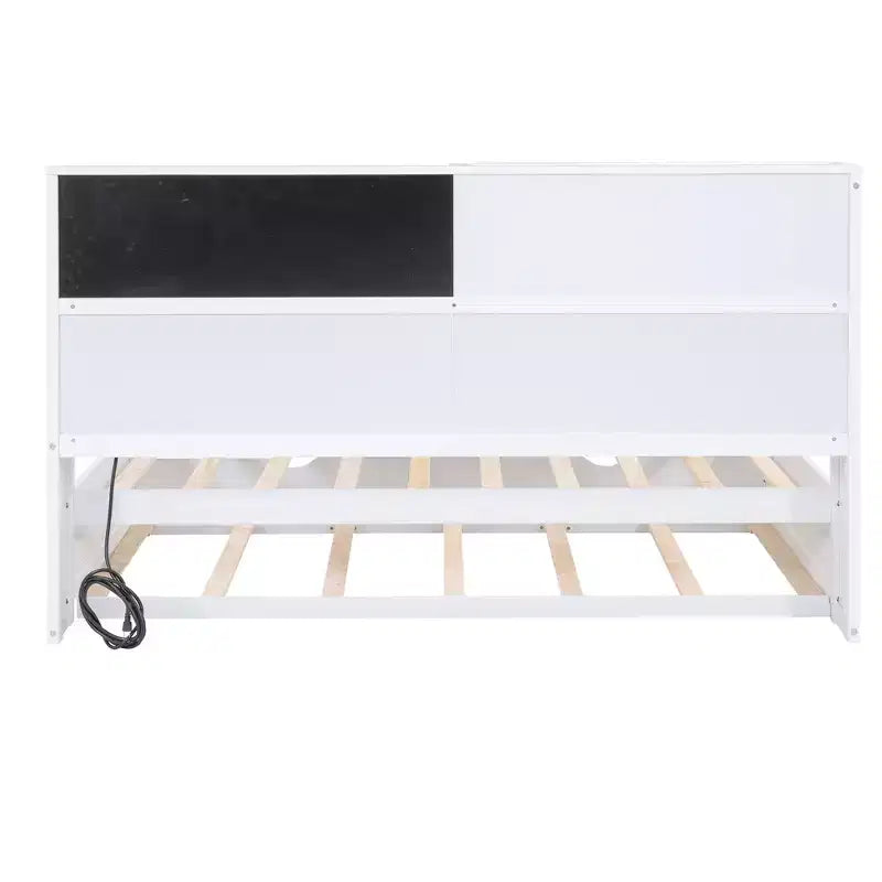 Twin Size Daybed with Trundle and Storage Shelves, Wood Platform Bed with Charging Station, USB Port, Blackboard and Cork Board, White