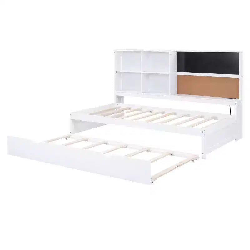 Twin Size Daybed with Trundle and Storage Shelves, Wood Platform Bed with Charging Station, USB Port, Blackboard and Cork Board, White