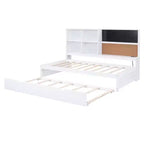 Twin Size Daybed with Trundle and Storage Shelves, Wood Platform Bed with Charging Station, USB Port, Blackboard and Cork Board, White