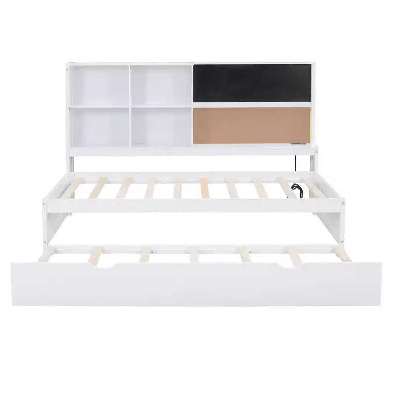 Twin Size Daybed with Trundle and Storage Shelves, Wood Platform Bed with Charging Station, USB Port, Blackboard and Cork Board, White