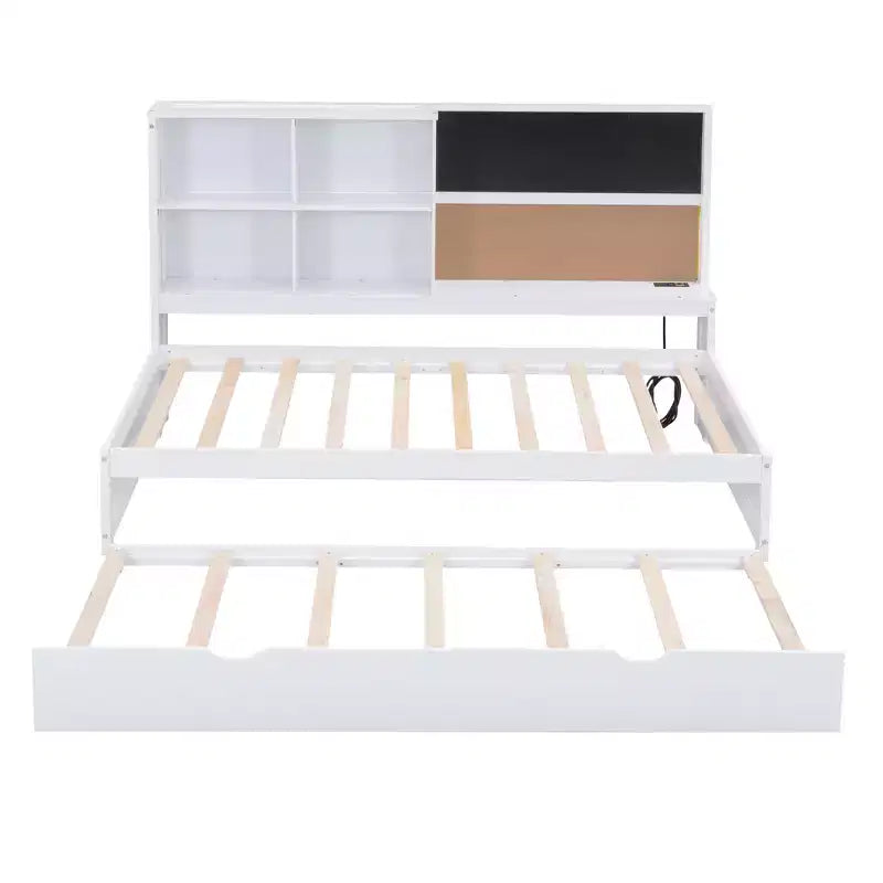 Twin Size Daybed with Trundle and Storage Shelves, Wood Platform Bed with Charging Station, USB Port, Blackboard and Cork Board, White