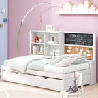 Twin Size Daybed with Trundle and Storage Shelves, Wood Platform Bed with Charging Station, USB Port, Blackboard and Cork Board, White