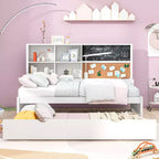 Twin Size Daybed with Trundle and Storage Shelves, Wood Platform Bed with Charging Station, USB Port, Blackboard and Cork Board, White