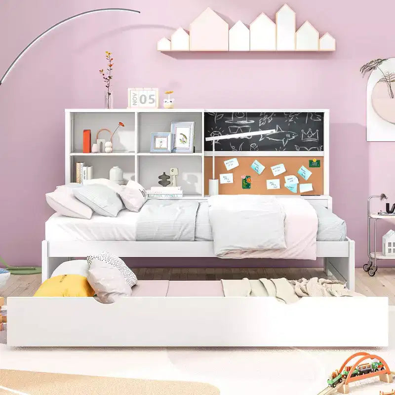 Twin Size Daybed with Trundle and Storage Shelves, Wood Platform Bed with Charging Station, USB Port, Blackboard and Cork Board, White