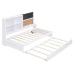 Twin Size Daybed with Trundle and Storage Shelves, Wood Platform Bed with Charging Station, USB Port, Blackboard and Cork Board, White
