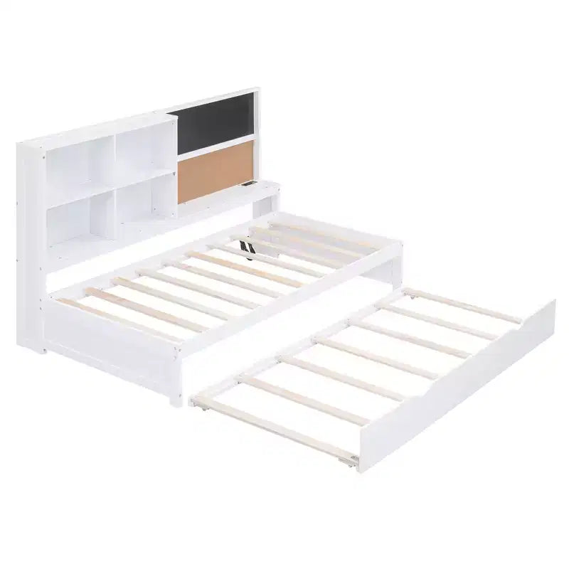Twin Size Daybed with Trundle and Storage Shelves, Wood Platform Bed with Charging Station, USB Port, Blackboard and Cork Board, White