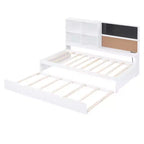 Twin Size Daybed with Trundle and Storage Shelves, Wood Platform Bed with Charging Station, USB Port, Blackboard and Cork Board, White