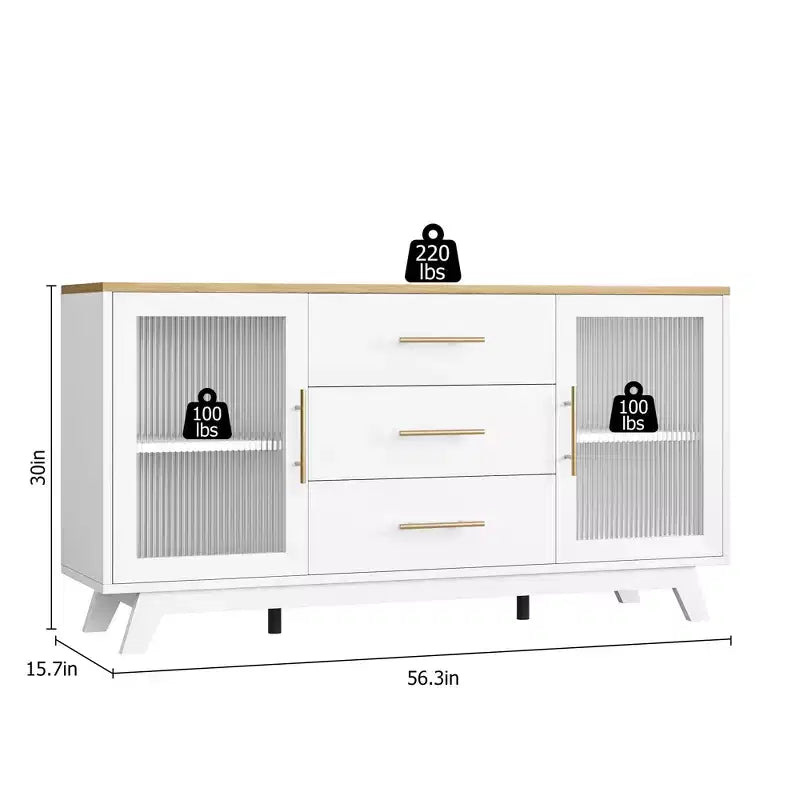 2 portes en verre cannelé, 3 grands tiroirs, buffet de salon, meuble de salle à manger en bois
