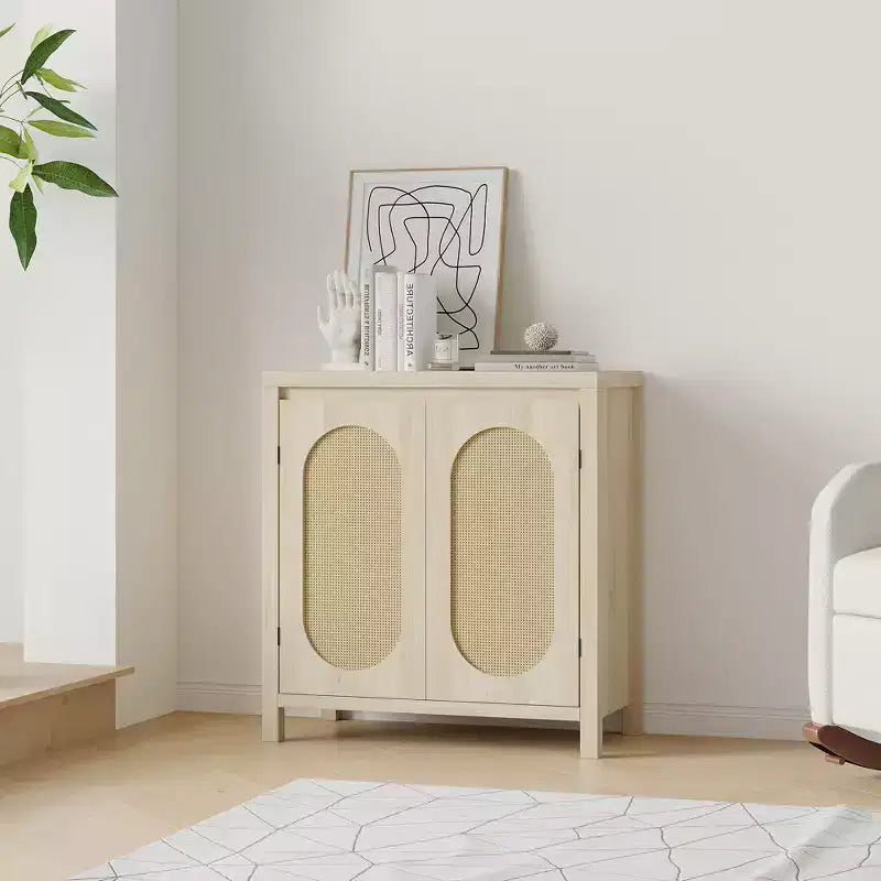 Meuble console de bar à café en bois avec portes et étagères, Armoire de rangement en rotin à 2 portes pour couloir, entrée, salon