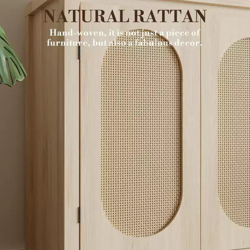 Meuble console de bar à café en bois avec portes et étagères, Armoire de rangement en rotin à 2 portes pour couloir, entrée, salon