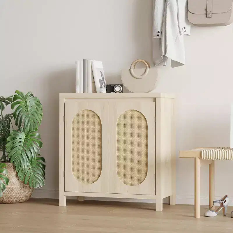 Meuble console de bar à café en bois avec portes et étagères, Armoire de rangement en rotin à 2 portes pour couloir, entrée, salon