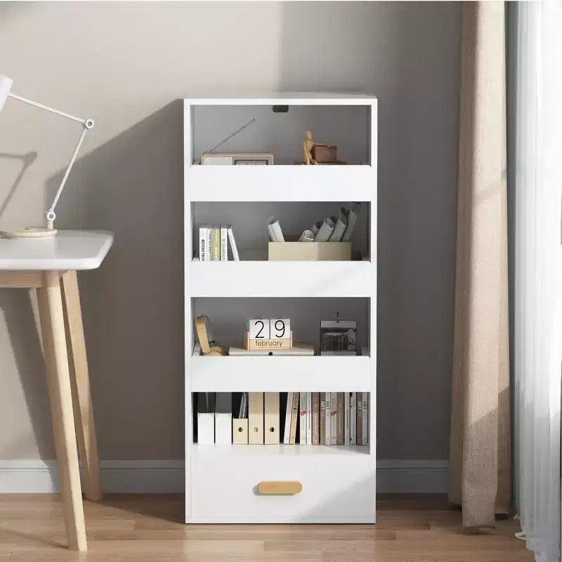 Whisen 4-Tier Freestanding Bookshelf with 3 Sliding Drawers and 1 Bottom Drawer - White