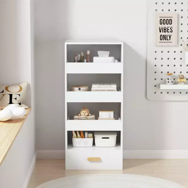 Whisen 4-Tier Freestanding Bookshelf with 3 Sliding Drawers and 1 Bottom Drawer - White